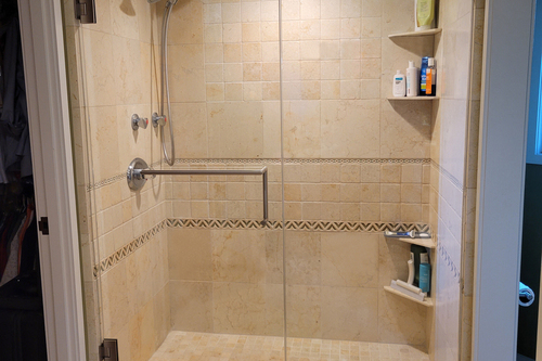 A photo of a shower door installed in Novi as part of a bathroom remodel.
