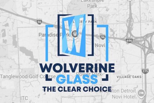 A Google Maps clip of Novi overlaid with the Wolverine Glass bathroom remodel company logo.