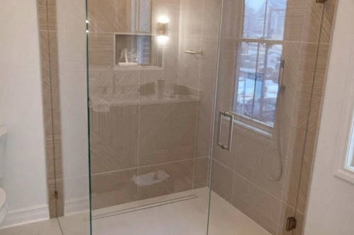 Photo of a curbless glass shower as part of a Novi bathroom remodel.