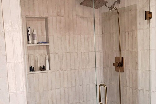Photo of a glass shower door as part of a bathroom remodel in Novi.