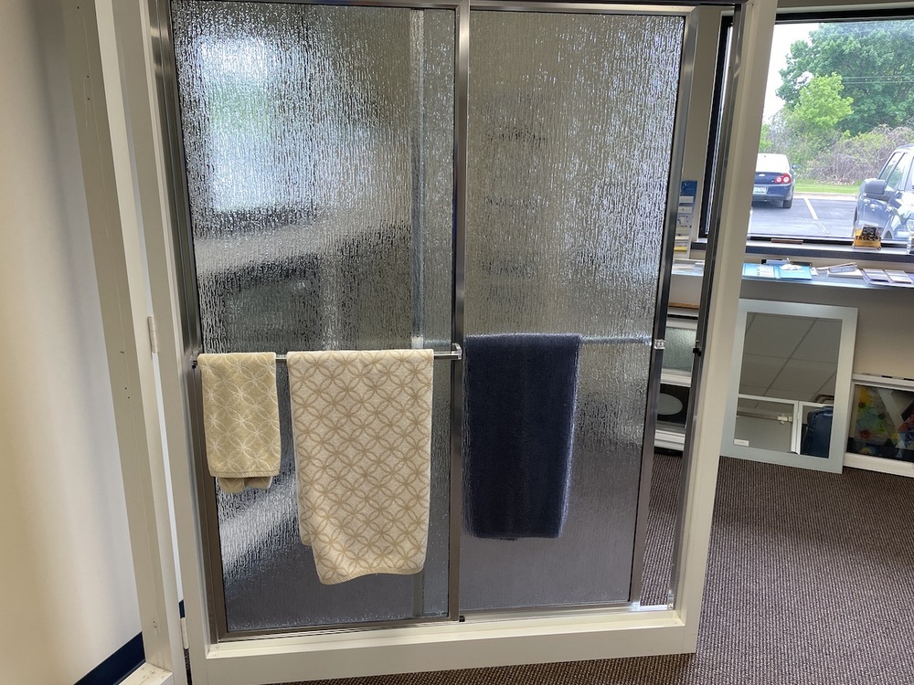 Framed Sliding Shower Unit with Rain Textured Glass