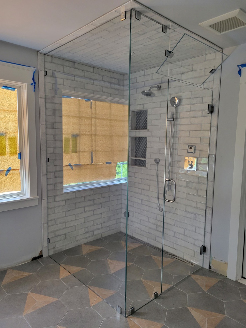 Steam Shower with Transom - Steam shower door with silver transom